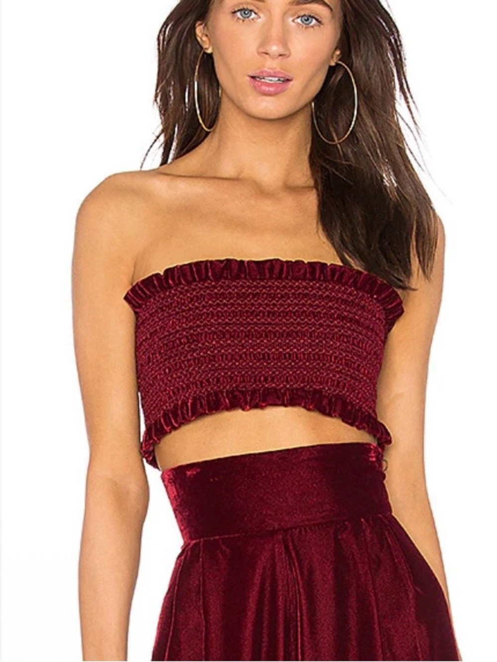 Peterson Smocked Velvet Strapless Crop Top in Burgundy